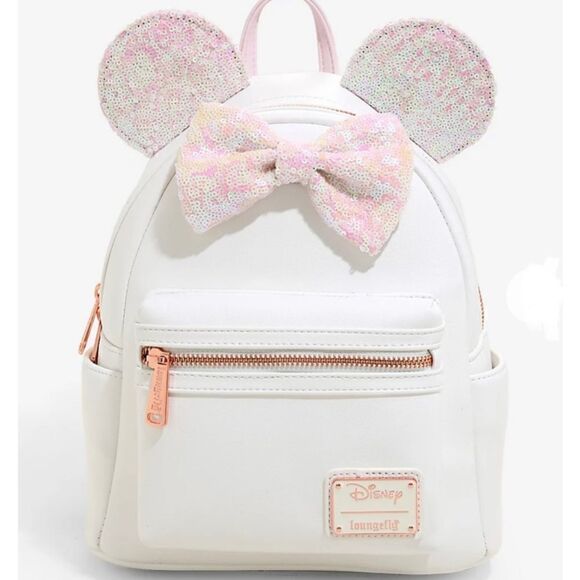 NEW Minnie Mouse Iridescent Sequin White Loungefly Mini Backpack NWT - Picture 1 of 6